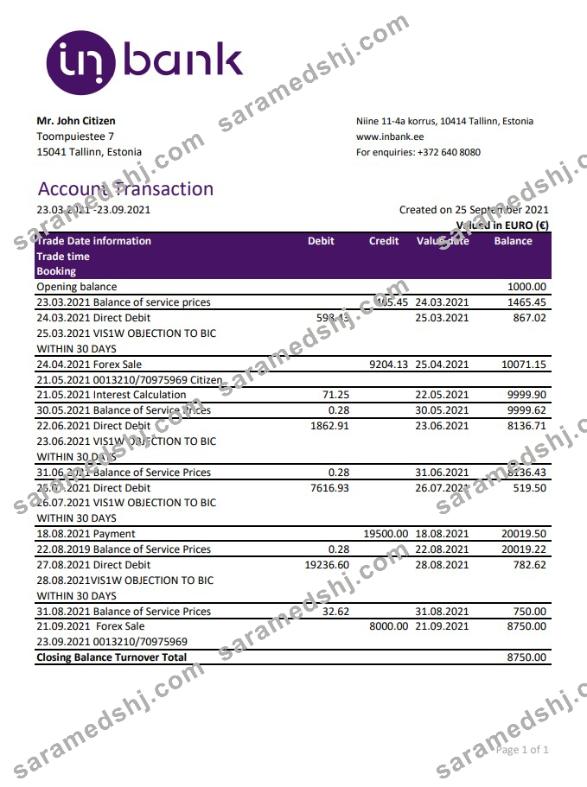 Estonia Inbank bank statement easy to fill template in Excel and PDF format